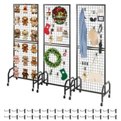 3 Packs Grid Wall Panels, 600 x 1640mm Wire Grid Panels Display Rack, Movable Art Display Shelf with Wheels and 30 Hooks, Black Carbon Steel Gridwall for Craft Show, Decor, Storage, Notice Board