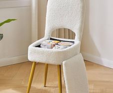 Small Storage Vanity Stool with Folding Backrest, 12.99" x 13.78" x 31.5" Square Teddy Velvet Ottoman, Makeup Chair for Living Room, 4 Metal Legs with Anti-Slip Feet, White
