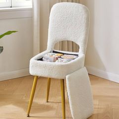 Small Storage Vanity Stool with Folding Backrest, 12.99" x 13.78" x 31.5" Square Teddy Velvet Ottoman, Makeup Chair for Living Room, 4 Metal Legs with Anti-Slip Feet, White
