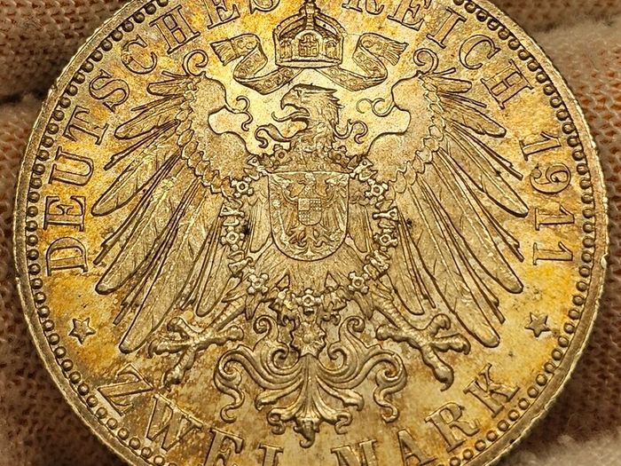 Germany  German States Bavaria Silver 1911 2 Mark Prince Regent Luitpold Beautiful Uncirculated Toned!