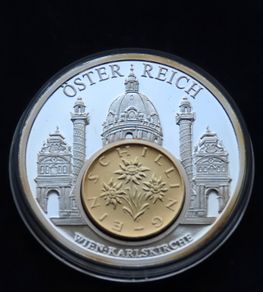 Austria European currencies 1993 Wien Karlskirche | Silver plated proof Medal with inlay gold gilded 1 schilling 1978