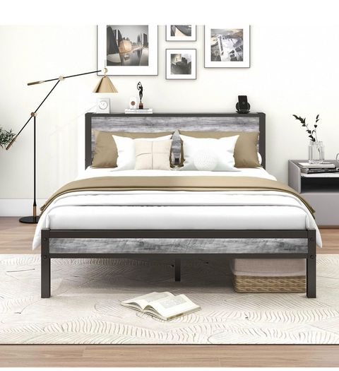 King Size Bed Frame with Storage Wooden Headboard