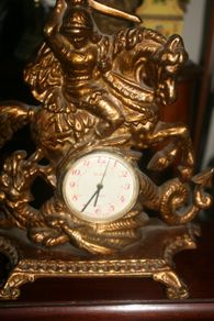 Vintage Brass Table Clock Knight on Horseback and Dragon, Saint George and Dragon, Mechanical  Clock SLAVA 11 JEWELS,  Working