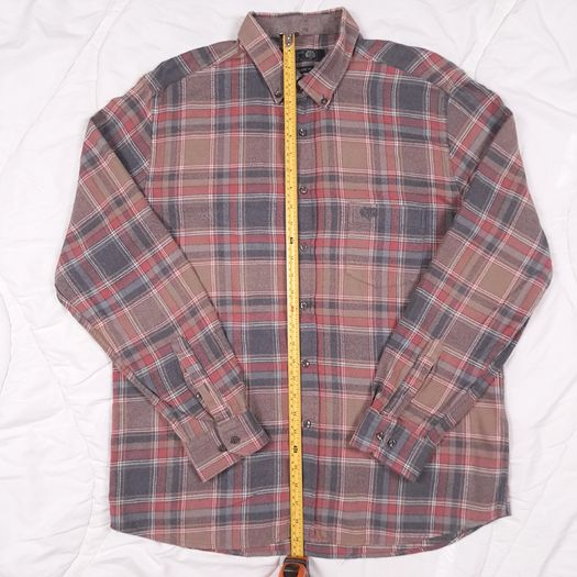 Paul Costelloe Brown Red Grey Plaid Check Long Sleeve Flannel Cotton Shirt Size L