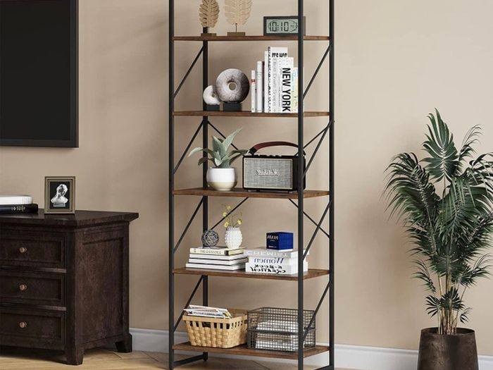 Bookcase 5 Tiers, Floor Standing Book Shelf, Wooden Shelf and Metal Frame Book Rack, Display Storage Rack Shelving Units for Living Room, Home Office - Rustic Brown Bookshelf MULTIPLE COLOURS AVAILABLE (FREE POSTAGE)