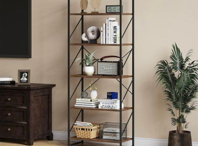 Bookcase 5 Tiers, Floor Standing Book Shelf, Wooden Shelf and Metal Frame Book Rack, Display Storage Rack Shelving Units for Living Room, Home Office - Rustic Brown Bookshelf MULTIPLE COLOURS AVAILABLE (FREE POSTAGE)