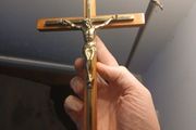 Vintage 1950s/1960s Mid-Century Modern Wooden Wall Crucifix with Metal Inlay