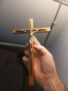 Vintage 1950s/1960s Mid-Century Modern Wooden Wall Crucifix with Metal Inlay