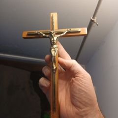Vintage 1950s/1960s Mid-Century Modern Wooden Wall Crucifix with Metal Inlay