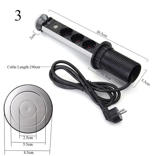 EU Plug PULL UP 3 Power Socket 2 USB 16A Charging Port Kitchen Table Desktop Sockets Retractable Countertops Worktop