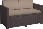 _Garden Lounge Sofa Brown / e 2 Seater with Seat and Back Cushions Plastic Flat Rattan Look