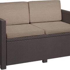 _Garden Lounge Sofa Brown / e 2 Seater with Seat and Back Cushions Plastic Flat Rattan Look