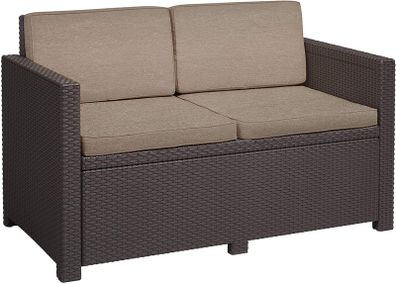 Garden Lounge Sofa Brown / e 2 Seater with Seat and Back Cushions Plastic Flat Rattan Look