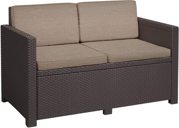 Garden Lounge Sofa Brown / e 2 Seater with Seat and Back Cushions Plastic Flat Rattan Look