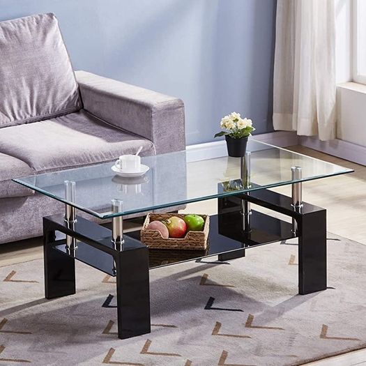 Rectangle Glass Coffee Tables High Gloss Storage Side Table with Lower Shelf Modern Living Room Furniture/Black (FREE POSTAGE)
