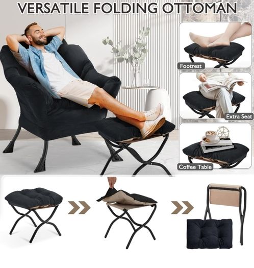 Armchair Living Room Comfy Armchair Reading Chair with Footstool Lazy Accent Chairs Bedroom Cuddle Chairs, for Living Room Bedroom Study Room Office, Black