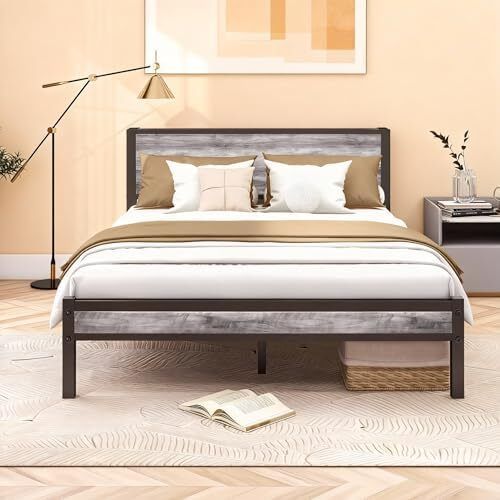 Metal King Size Bed Frame with Storage Wooden Headboard