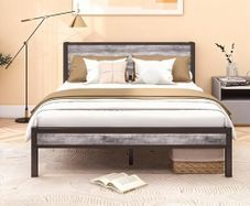 Metal King Size Bed Frame with Storage Wooden Headboard