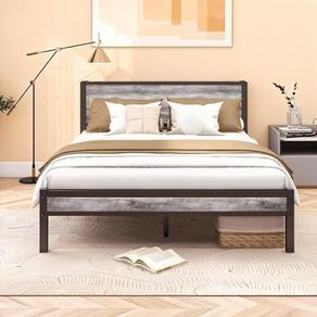 Metal King Size Bed Frame with Storage Wooden Headboard