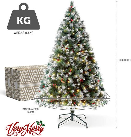 _6FT Claudia Pre Lit Christmas Tree with 300LED Lights with Timer, 8 Light Modes, Decorative Pinecones and Berries