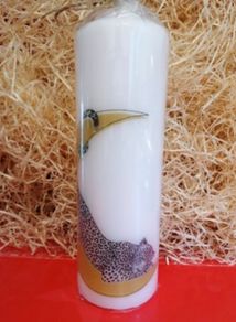 Hand decorated decoupage unscented large white pillar candle with leopard&crescent print