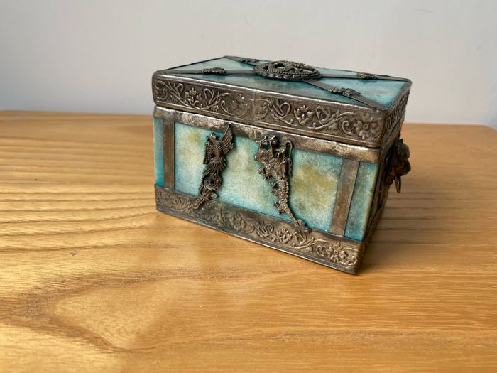 Vintage Chinese Stone Agate? Box with Ornamental Lion Head Dragon Phoenix Butterfly