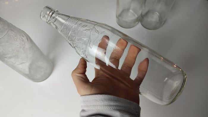 301 - Set of 4 Vintage Floral Decorative Collectible Clear Glass Tall Big Bottles