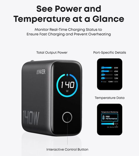 NEW Anker 140W 4-Port Charger PD 3.1 - Smart Screen - EU Plug