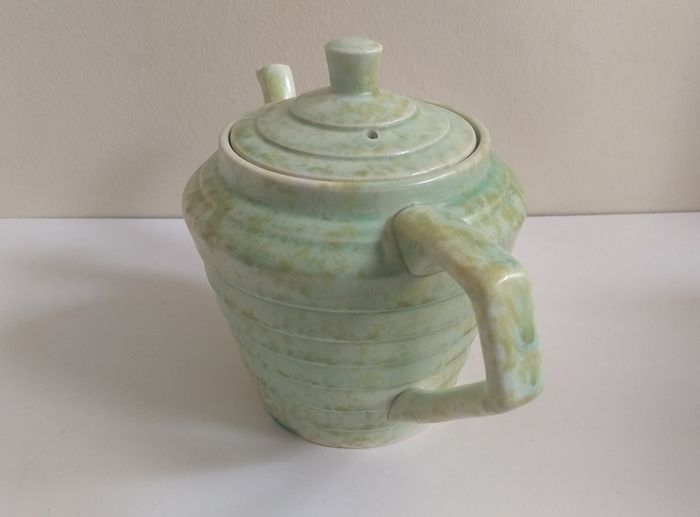 Stunning Art Deco 'Windsor Step' Shaped Teapot by Wade Heath, with a Stunning Rare Mottled Mint Green Glaze, Circa 1930+