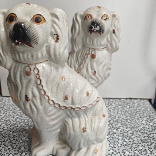 Vintage pair of Staffordshire pottery mantel dogs