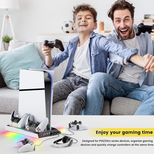 PS5/Slim/Pro Stand with Adjustable Cooling Fan, Vertical PS5 Cooling Charger Stand for PS5/Slim/Pro, Multifunctional PS5 Slim Cooling Station with Dual Controller Chargers and RGB Light