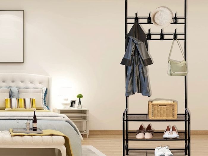 Coat Rack Stand with Shoe Rack and Removable 16 Hooks Free Standing Hall Tree Matte Steel Frame Hat Rack Coat Stand for Storage MULTIPLE COLOURS AVAILABLE (FREE POSTAGE)