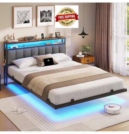 Double Bed Frame 135x190 cm with Floating Visual Effect, 4ft6 Metal Bed Frame with Adjustable LED Lighting and Charging Station, Double Bed with Headboard, Dark Grey (Mattress Not Included)