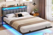 Double Bed Frame 135x190 cm with Floating Visual Effect, 4ft6 Metal Bed Frame with Adjustable LED Lighting and Charging Station, Double Bed with Headboard, Dark Grey (Mattress Not Included)