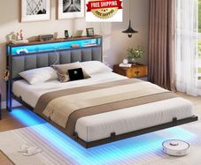 Double Bed Frame 135x190 cm with Floating Visual Effect, 4ft6 Metal Bed Frame with Adjustable LED Lighting and Charging Station, Double Bed with Headboard, Dark Grey (Mattress Not Included)