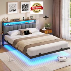 Double Bed Frame 135x190 cm with Floating Visual Effect, 4ft6 Metal Bed Frame with Adjustable LED Lighting and Charging Station, Double Bed with Headboard, Dark Grey (Mattress Not Included)