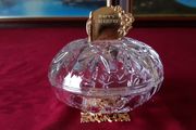 Killarney Crystal Cut Crystal Glass Happy Birthday Lidded Jewelry Dish / Bowl With 22 Carat Gold Cover Handle and Footed Base Finishing Made In Ireland