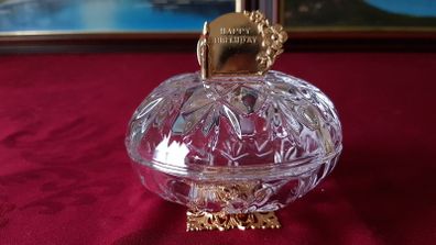 Killarney Crystal Cut Crystal Glass Happy Birthday Lidded Jewelry Dish / Bowl With 22 Carat Gold Cover Handle and Footed Base Finishing Made In Ireland