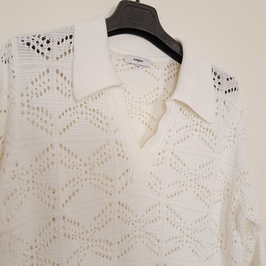 Suncoo Cream Off-White Crochet Knit Short Sleeve Polo Shirt Pointelle Top T3/12UK/40EU