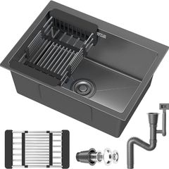 Stainless Steel Kitchen Sink,50 x 43cm,Inset Kitchens Sink,with Waste Kit,Drain Pipe,Pull-Out Drainer Basket,Suitable for Bathroom,Caravan Travelling
