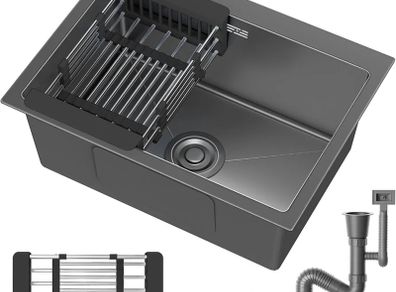 Stainless Steel Kitchen Sink,50 x 43cm,Inset Kitchens Sink,with Waste Kit,Drain Pipe,Pull-Out Drainer Basket,Suitable for Bathroom,Caravan Travelling