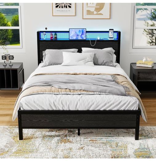 4ft6 Double Bed Frame with Storage Headboard&LED Lights,Black Metal Platform Bed Frame with Charging Station,Mattress Foundation,Metal Slat Support,No Box Spring Needed,Under-bed Storage
