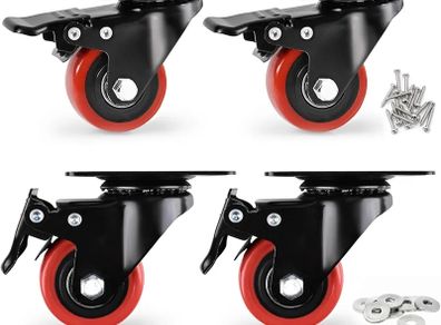 Caster Wheels, Heavy Duty 50mm Casters Set of 4, Locking Swivel Casters Wheels for Cart, Furniture and Workbench, Red