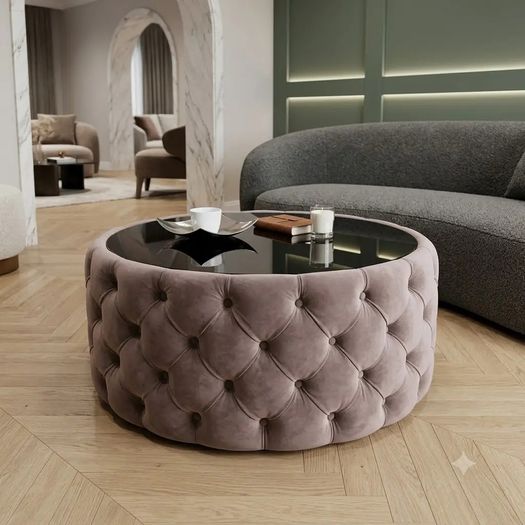 Round Velvet Coffee Table  Tinted Glass Top