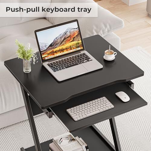 Mobile Computer Desk Z-Shaped with Sliding Keyboard Wood PC Table Laptop Desk Furniture Study Workstation for Home Office, Black, 60 x 48 x 73 cm