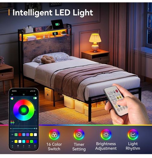 3ft Single Bed Frame with Storage Wooden Headboard, 90x190cm LED Light & Charging Station, Platform Metal Bed Frame Single, with Underbed Storage, Strong Metal Slat Support