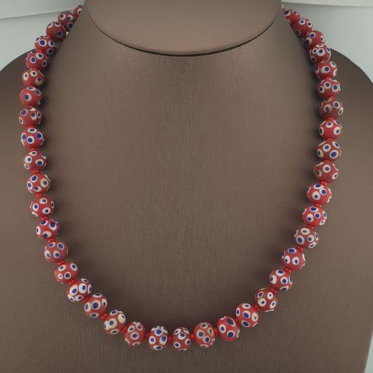 Antique Venetian Style Blue Eyes Red Glass & venetian WhiteHeart Glass Beads Necklace