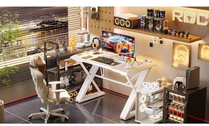 120 x 55 cm Gaming Desk with LED Lights, Gaming Table Thickened Z Shaped, Gamer Desk with Carbon Fiber Coated, Gaming PC Desk, Computer Desk Easy to Assemble, White