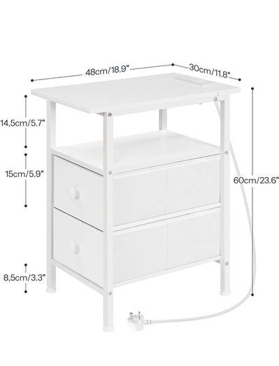 Narrow Bedside Table with Charging Station, with 2 Non-Woven Drawers, Slim Side Table with Power Outlets for Small Spaces, Living Room, White