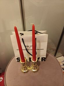 2 x gold festive Candle holders & dinner candles